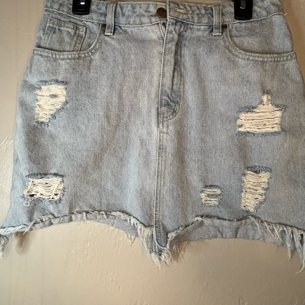 Light Wash Distressed Denim Mini Skirt